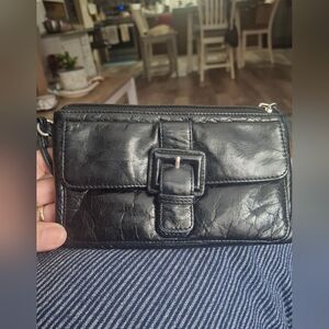 HOBO INTERNATIONAL Black Leather Wristlet Clutch with Buckle Detail